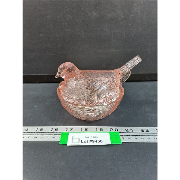 Vintage Pink Glass Dove Bird on Nest - 6" x 4"