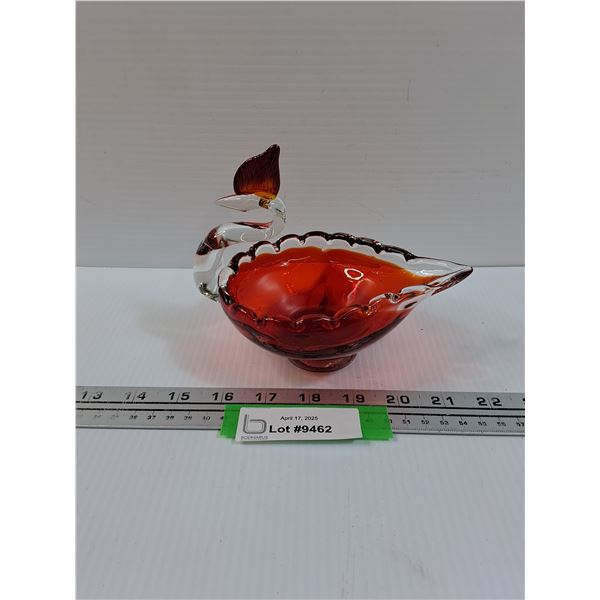 Vintage Murano Style Red Art Glass Swan Candy Dish - 6" x 7"