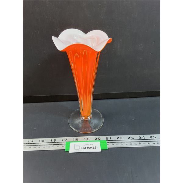 Orange Overlay White Inlay Ruffled Top Art Glass Vase - 8.5"