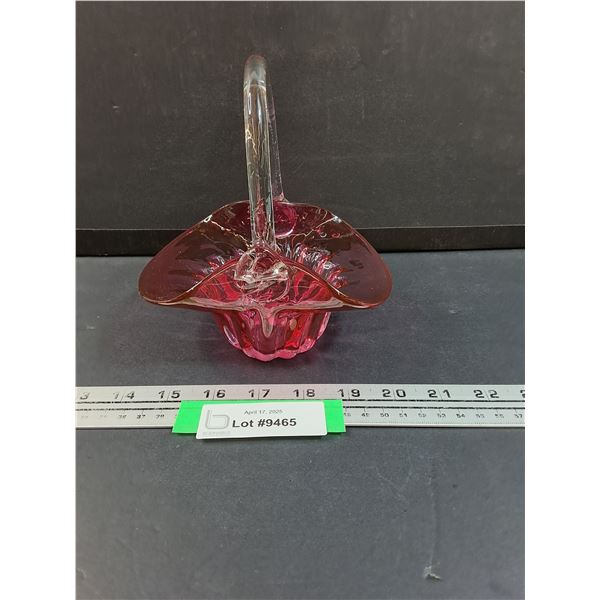 Vintage Cranberry Basket Art Glass w/Clear Handle - 5" x 6" x 5"