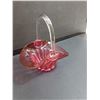 Image 2 : Vintage Cranberry Basket Art Glass w/Clear Handle - 5" x 6" x 5"