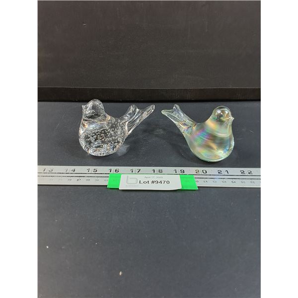 (2) Art Glass Bird Paper Weights: Iridescent Lefton Style & Bubbles