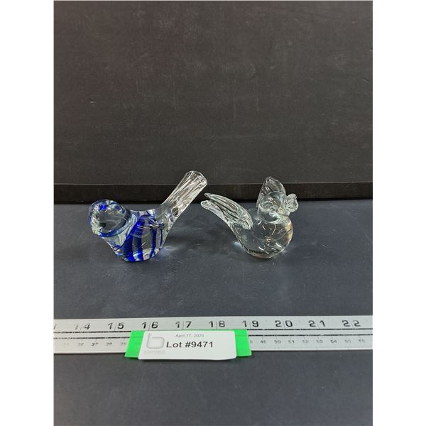 (2) Art Glass Bird Paper Weights - One w/Blue Stripes