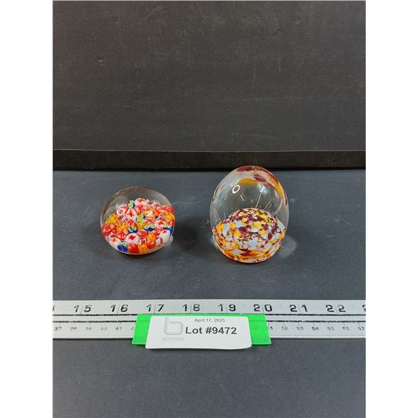 (2) Art Glass Paper Weights: Chalet Glass & Rainbow Millefiori