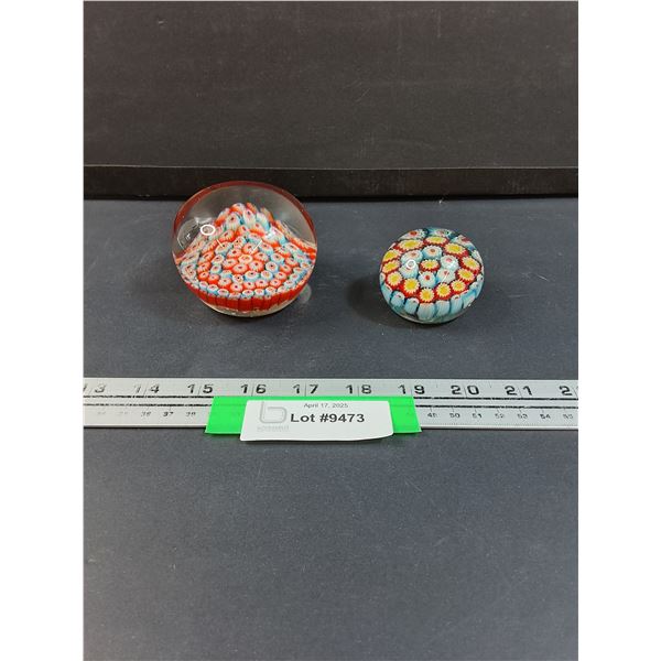 (2) Art Glass Paper Weights: Rainbow Millefiori