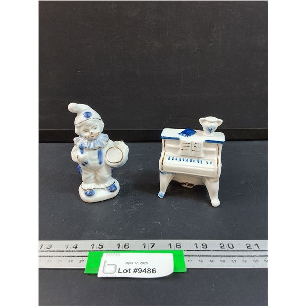 (2) Porcelain Figurines: Clown & Piano - 4.5" x 3"