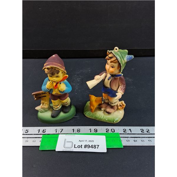 (2) Vintage Plastic Hummel Style Christmas Tree Ornament Figurines Set - 4.5" Tall