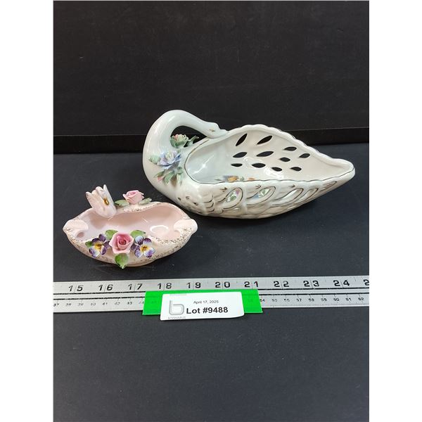 (2) Porcelain Floral Swan Basket Style Candy Dishes