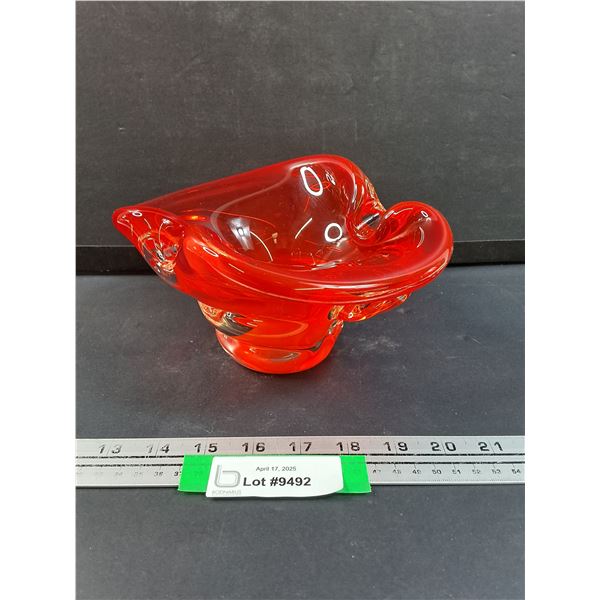 Vintage Murano Style Red Art Glass Ashtray - 8" x 4 "