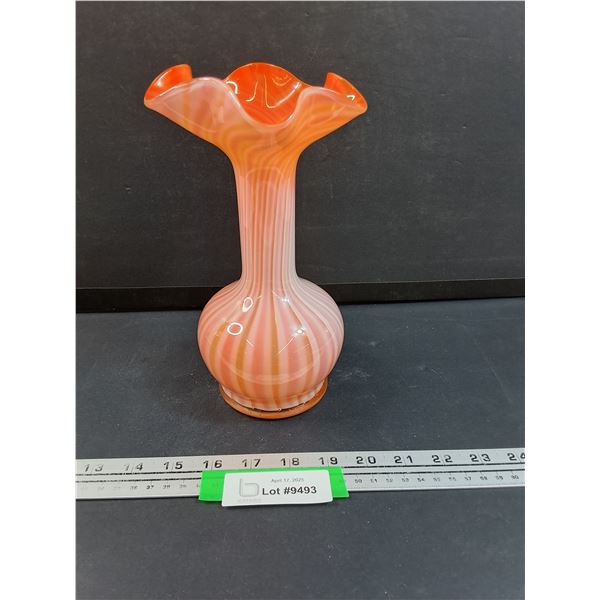 Vintage Handblown Orange & White Candy Stripe Swirl Vase - 9" Tall