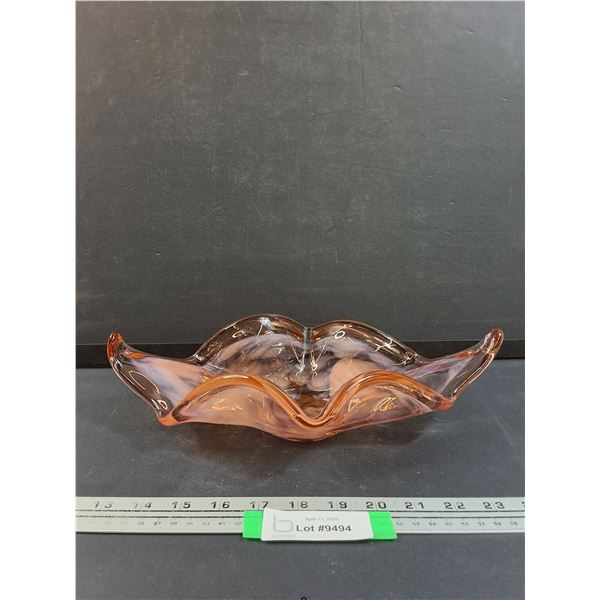 Vintage Murano Style Peach & White Art Glass Dish - 12.5" x 7" x 3"