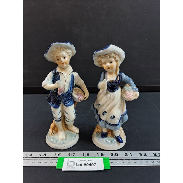 (2) German Porcelain Woman & Man Figurines - 8" Tall
