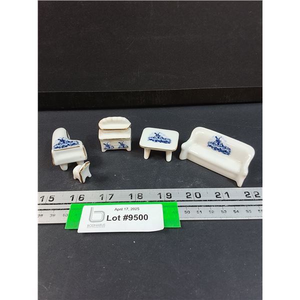 Vintage Blue Delft Dutch Miniature Furniture & Piano Figurine Set