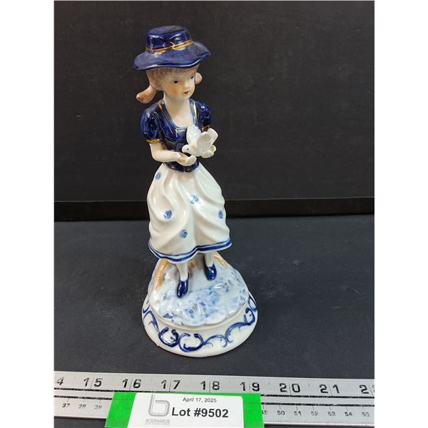 Vintage Blue Delft Girl w/Dove Figurine - 8" Tall