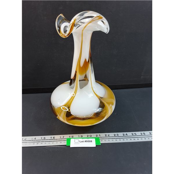 Vintage Carlo Moretti Style White Opaline Glass Swirl Ruffle Vase - 12" Tall