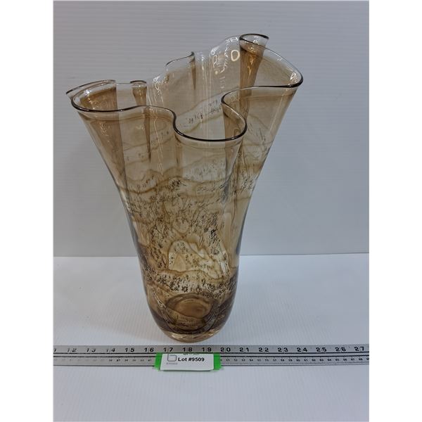 Vintage Murano Style Ruffled Handkerchief Vase Amber Swirl Art Glass - 15" Tall