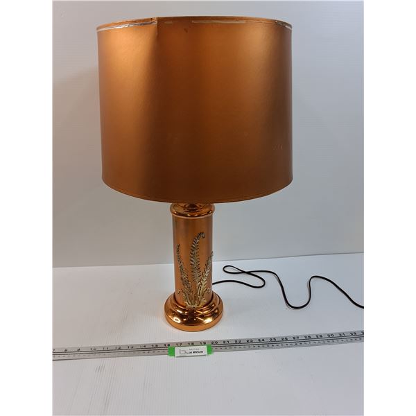 Vintage Copper End Table Lamp w/Shade & Fern Brass Details - 23.5" x 13" - Works