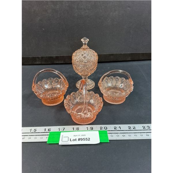 (4) Vintage Pink Depresion Glass Trinket Dishes: (3) Baskets & (1) Candy Dish