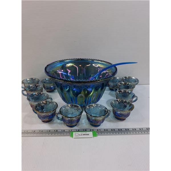 Indiana Glass Princess Blue Irridescent Punch Bowl & (12) Glasses Set & Serving Spoon