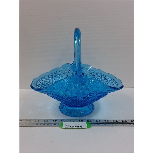 Vintage Blue Art Glass Brides Basket Style Art Glass Dish - 12" x 9" x 10"