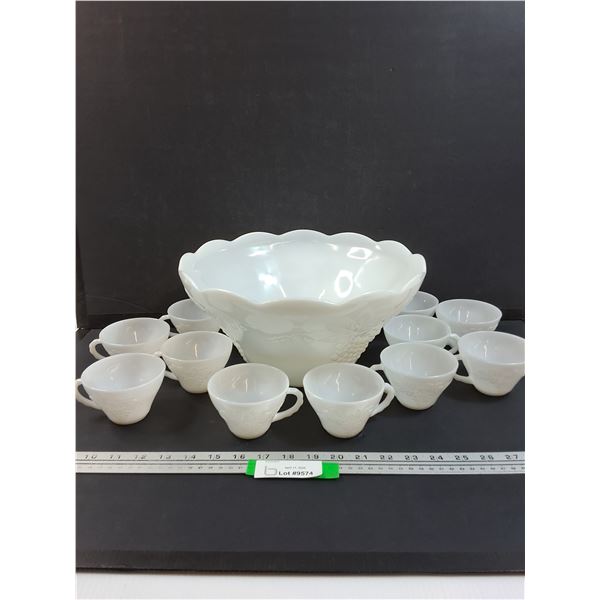 Vintage Milk Glass Punch Bowl Set w/(10) Cups