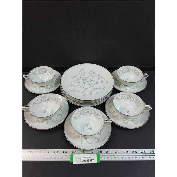 Noritake Alicia Pattern: (4) Dessert Plates & (5) Tea Cup & Saucer Set