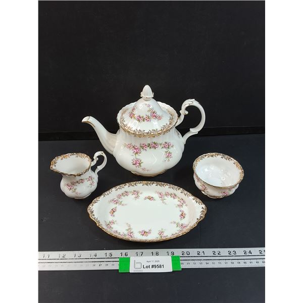 Royal Albert Dimity Rose Pattern China Set: Tea Pot, Creamer 
