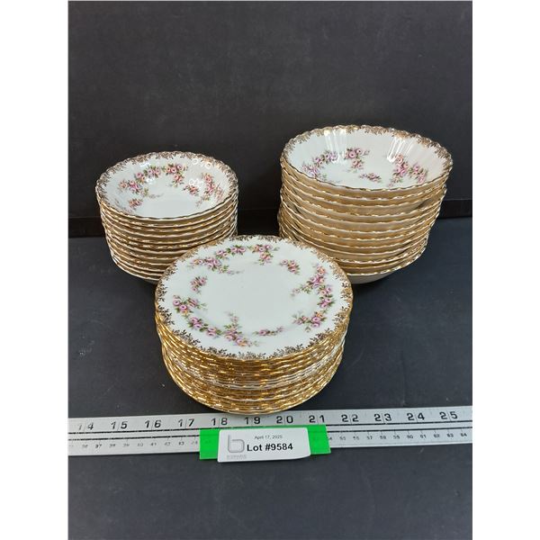 Royal Albert Dimity Rose Pattern China Set: (13) Dessert Plates, (12) Soup Bowls, (12) Dessert Bowl