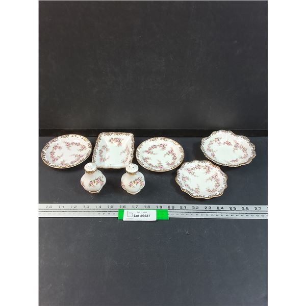 Royal Albert Dimity Rose Pattern China Set: (5) Small Candy Dishes, Salt & Pepper Shaker Set