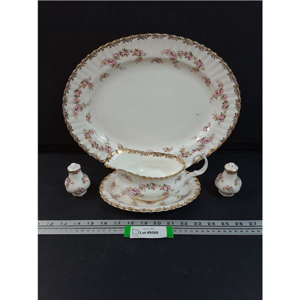 Royal Albert Dimity Rose Pattern China Set: Large Serving Platter, Gravy Boat Set, Salt & Pepper Set