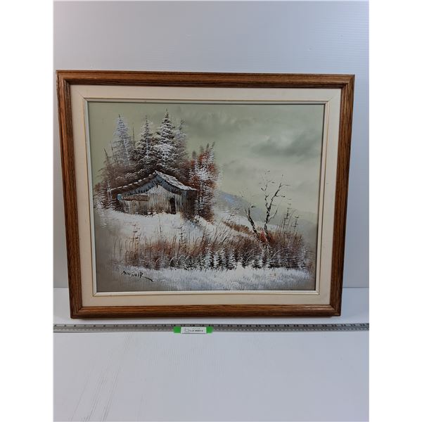 "Winter Hunting Cabin" Painting in Frame - 29.5" x 24.5"