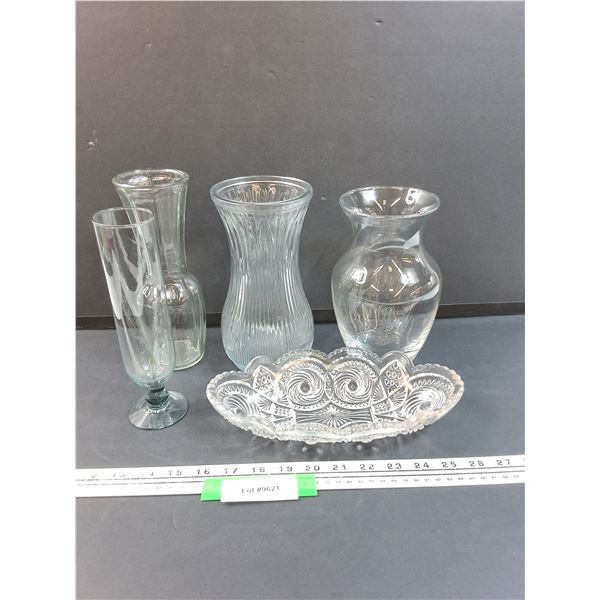 (4) Glass Vases & Glass Oval Serving Dish - 10" x 5"