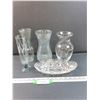 Image 1 : (4) Glass Vases & Glass Oval Serving Dish - 10" x 5"
