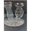 Image 2 : (4) Glass Vases & Glass Oval Serving Dish - 10" x 5"
