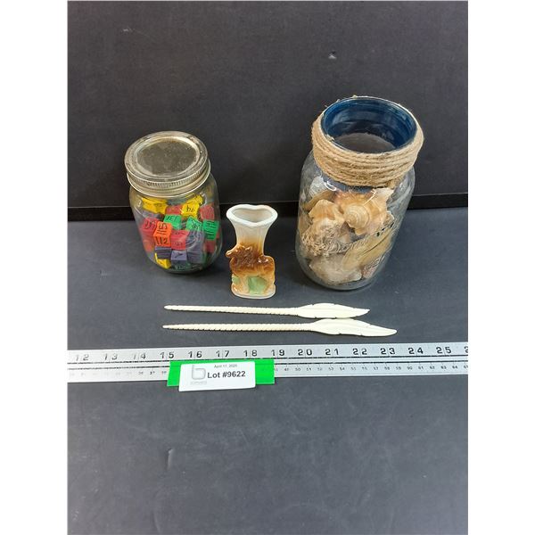 Carved Bone Hair Pins, Horse Ceramic Vase, Dominion Jar w/Rocks & Seashells, Numbered Dice in Cannin