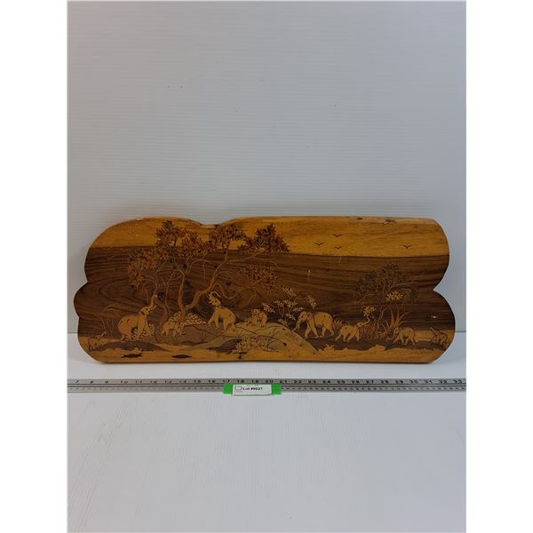 Vintage Wood Inlay Elephant Scene on Oak Board - 27" x 11"