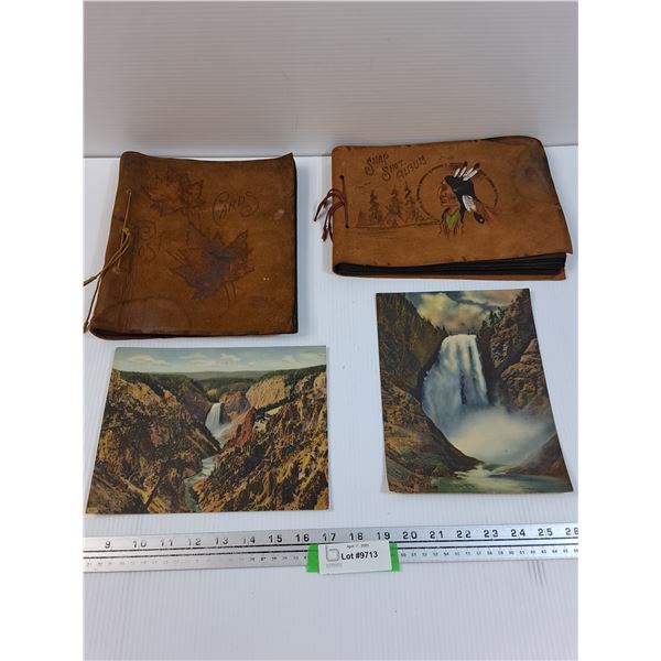 Leather Post Card Holder & Leather Photo Album & (2) Vintage Giant Postcards
