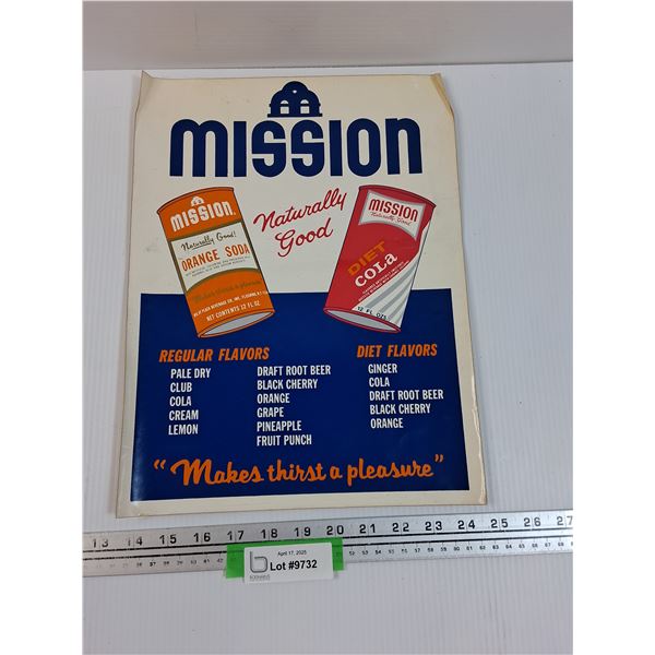 Original Mission Orange Soda/Diet Cola Cardboard Sign -11" x 15"