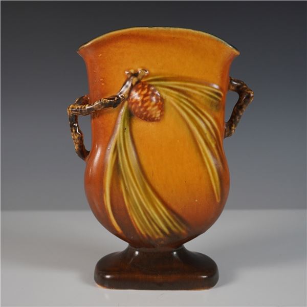 Roseville Pottery Ceramic Double-Handled Vase, Pinecone Brown