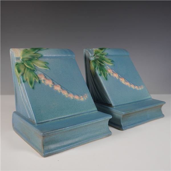 2pc Roseville Pottery Ceramic Bookends, Blue Bleeding Heart