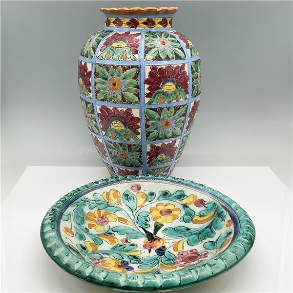 2pc Italian Deruta Majolica Vase and Bowl Set