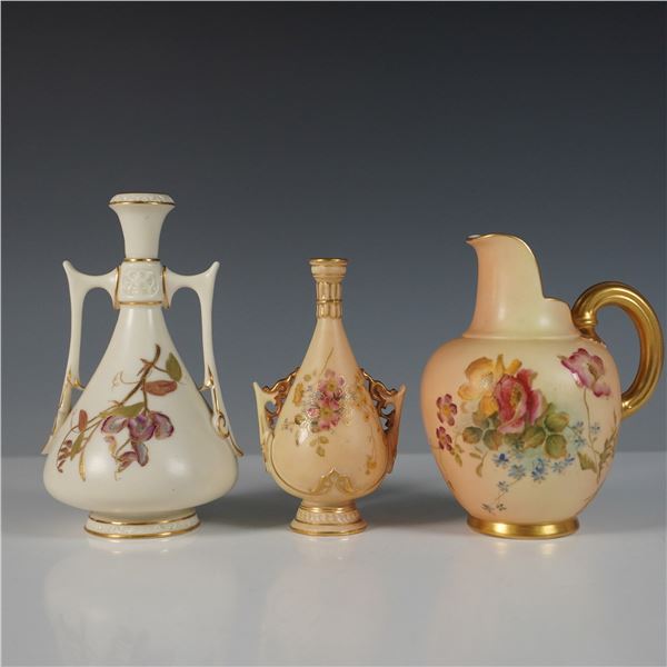3pc Royal Worcester Hand-Painted Blush Ewers and Vase