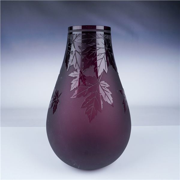 Ken Benson Purple Glass Vase with Etched Maple Leaf Motif