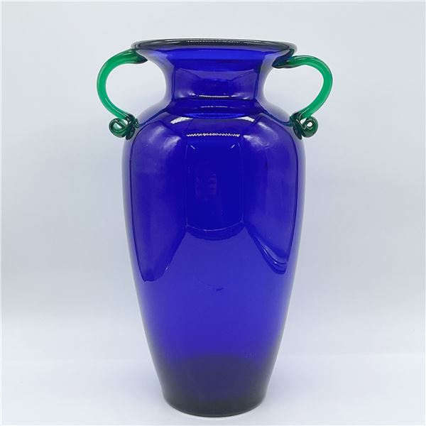 Art Glass Vase, Cobalt Blue with Green Handles