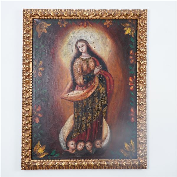 Spanish Colonial Religious Oil Painting, Madonna and Child