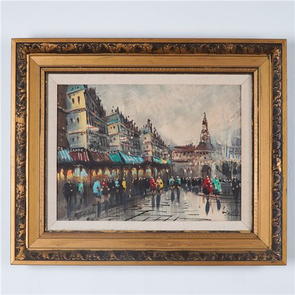 Framed European Street Scene Oil Painting
