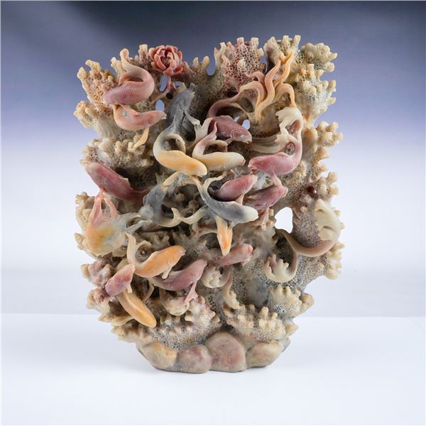 Hand-Carved Coral Reef Sculpture with Fish Motif