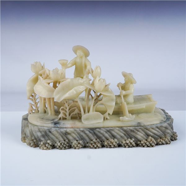 Hand-Carved Alabaster Sculpture, Lotus Pond Scene