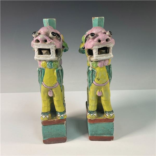 Pair of Chinese Hand Painted Foo Dog Form Incense Holders
