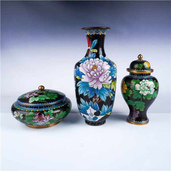 3pc Cloisonne Vases and Covered Jar Set